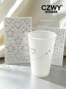 1pc/1set Silver 3D Rhinestone Decorative Stickers, Hollow Heart, Star, Small Round Diamond Combination Pattern, Sparkling Silver Diamond Texture, Self-Adhesive Backing, Comes With Exclusive Tweezers, Suitable For Phone Cases, Water Bottles, Gift Boxes, Handmade Crafts Surface DIY Decoration - Diamond Style - View 1