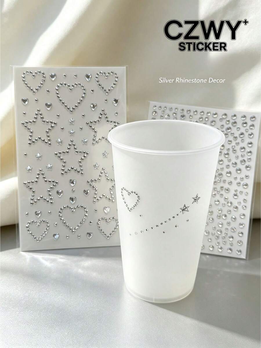 1pc/1set Silver 3D Rhinestone Decorative Stickers, Hollow Heart, Star, Small Round Diamond Combination Pattern, Sparkling Silver Diamond Texture, Self-Adhesive Backing, Comes With Exclusive Tweezers, Suitable For Phone Cases, Water Bottles, Gift Boxes, Handmade Crafts Surface DIY Decoration - Diamond Style - View 1