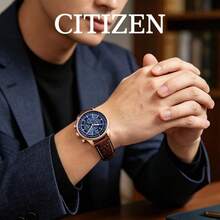 CITIZEN Men's -Drive Chronograph Watch Rose Gold Plated Case Deep Blue Dial Tachymeter Scale Vintage Brown Leather Strap Retro Pilot Style Men Wristwatch - Blue - View 2