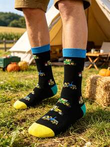 1 Pair Men's Farm Tractor Graphic Mid-Calf Socks, Fun Tractor Jacquard Mid-Calf Socks, Men's Contrast Cuff Casual Everyday Personalized Agricultural Machinery Enthusiast Outfit Socks - Multicolor - View 5