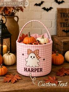 Personalized Plaid Halloween Basket, Customized Halloween Trick Or Treat Bag - Multicolor - View 3