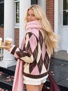 Fall/Winter Argyle Pattern Lace Patchwork Cardigan Going Out Business Fashion Knit Sweater Top - Pink - View 3