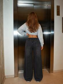 Plus Size Straight Leg Denim Jeans, Drawstring Waistband With Pockets, Extra Long Non-Stretch Loose Fit Vintage Style Women's Jeans - Black - View 4