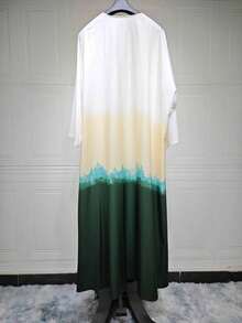 Women's Gradient Colorful Long Sleeve Woven Fabric Abaya, With Open Collar, Flowy Loose Long Islamic Robe, Suitable For Conservative Wear - Green - View 5