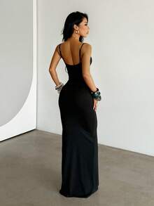 1pc Solid Color Elegant Knit Fabric Sleeveless Dress Beach Autumn - Black - View 4
