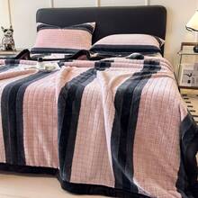 1pc Colorblock Striped Plaid Woven Edge Taffeta Fleece Warm Thick Blanket, Soft Skin-Friendly Multi-Size Multi-Purpose Throw, Suitable For Office, Living Room Sofa, Bedroom Bed Use, Pillowcase Not Included - Pink - View 6