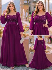 Plus Size Deep V-Neck Sequin Floral Lace Bishop Sleeve Chiffon Formal Evening Gown, Wedding Guest Dress, Suitable For Birthday, Graduation Ceremony - Maroon - View 5