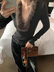 Women's Fur Collar Fitted Base Layer Top, Chic Early Autumn Slim Fit Innerwear, Autumn/Winter Blouse - Dark Grey - View 3