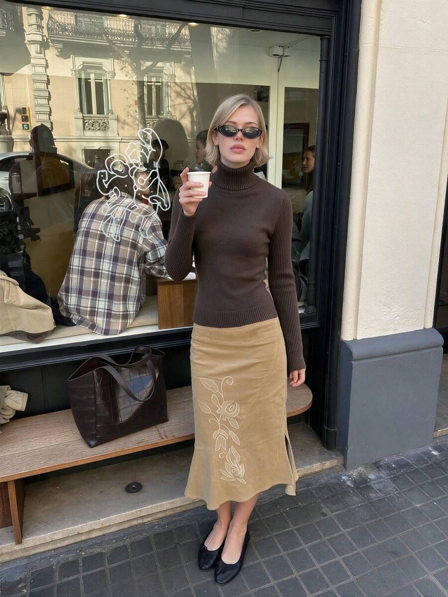 Sookaug Dark Brown High Neck Knitted Sweater Women Autumn Winter Slim Fit Base Layer Top, Flattering Versatile Long Sleeve Pullover, Ribbed Knit Regular Fit Top, Suitable For Autumn Winter Outfits - Brown - View 1