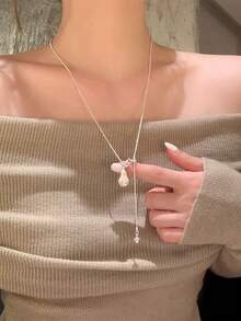 法式不對稱巴洛克珍珠拉鍊鈦鋼項鍊 女款 奢華小眾高端圓珠鎖骨鍊 - 銀色 - 查看 3