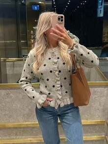 Women's Autumn/Winter Polka Dot Ruffle Knit Cardigan, Casual Daily Long Sleeve Vacation Outfit, Fashion Slim Fit Top - Multicolor - View 10