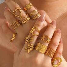 Random 5pcs Set Stainless Steel 18K Gold Plated Geometric Heart, Oval, Line, Flower, Leaf, Star And Moon Design Rings, Suitable For Daily Wear And Holidays - Gold - View 3