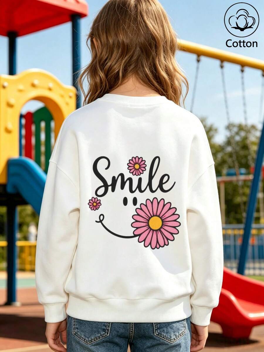 Girls' Cute Printed Drop-Shoulder Round-Neck Long-Sleeve Casual Sports Sweatshirt - White - View 1