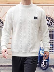 Striville Men's Autumn/Winter 3D Cable Knit Textured Sweatshirt, Semi-High Neck White Metallic Thread Double Layer Long Sleeve Pullover - White - View 3