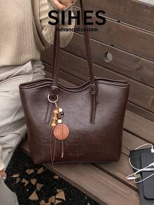 1pc Solid Color PU Leather New Women's Backpack, Fashionable Large Capacity Tote Bag, Zipper Closure, Dual Handles, Suitable For Commuting, Shopping, Dating, Outings - Coffee - View 10