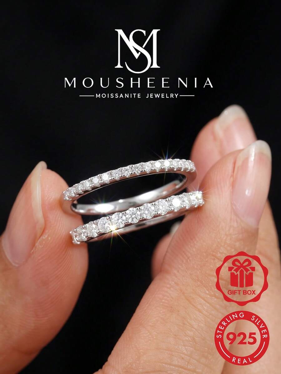 MOUSHEENIA 925純銀 D色 VVS1 莫桑石可疊戴多款式鑲鑽永恆戒圈，新娘珠寶，送給她的婚禮週年禮物 - 00234MSR-1.3mm - 查看 1