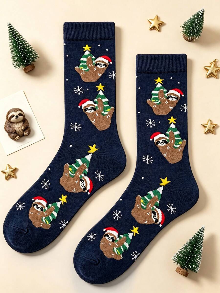 1 Pair Of Men Crew Sock, Christmas Sloth Xmas Tree Snowflake Pattern Socks, Soft Warm Fall Winter, Halloween Christmas Gift For Men & Women - Multicolor - View 1