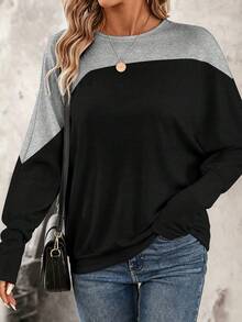Women's Plus Size Solid Color Knit Fabric Sweatshirt, Blue And White, Vacation Beach, Summer Autumn Winter - Black - View 1