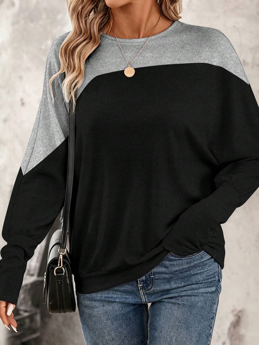 Women's Plus Size Solid Color Knit Fabric Sweatshirt, Blue And White, Vacation Beach, Summer Autumn Winter - Black - View 1