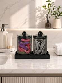 1 Pack / 2 Packs Bathroom Vanity Organizer Set With Black Silicone Tray, Lidded Storage Jars For Cotton Balls, Cotton Swabs, Qtip And Beauty Essentials - Multicolor - View 3