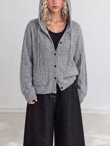 Women's New Autumn Casual Minimalist Slimming Vertical Striped Hooded Cardigan Knit Sweater - Grey - View 3