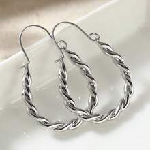 Minimalist Silver Twisted Rope Texture Oval Earrings For Women - Silver - View 2
