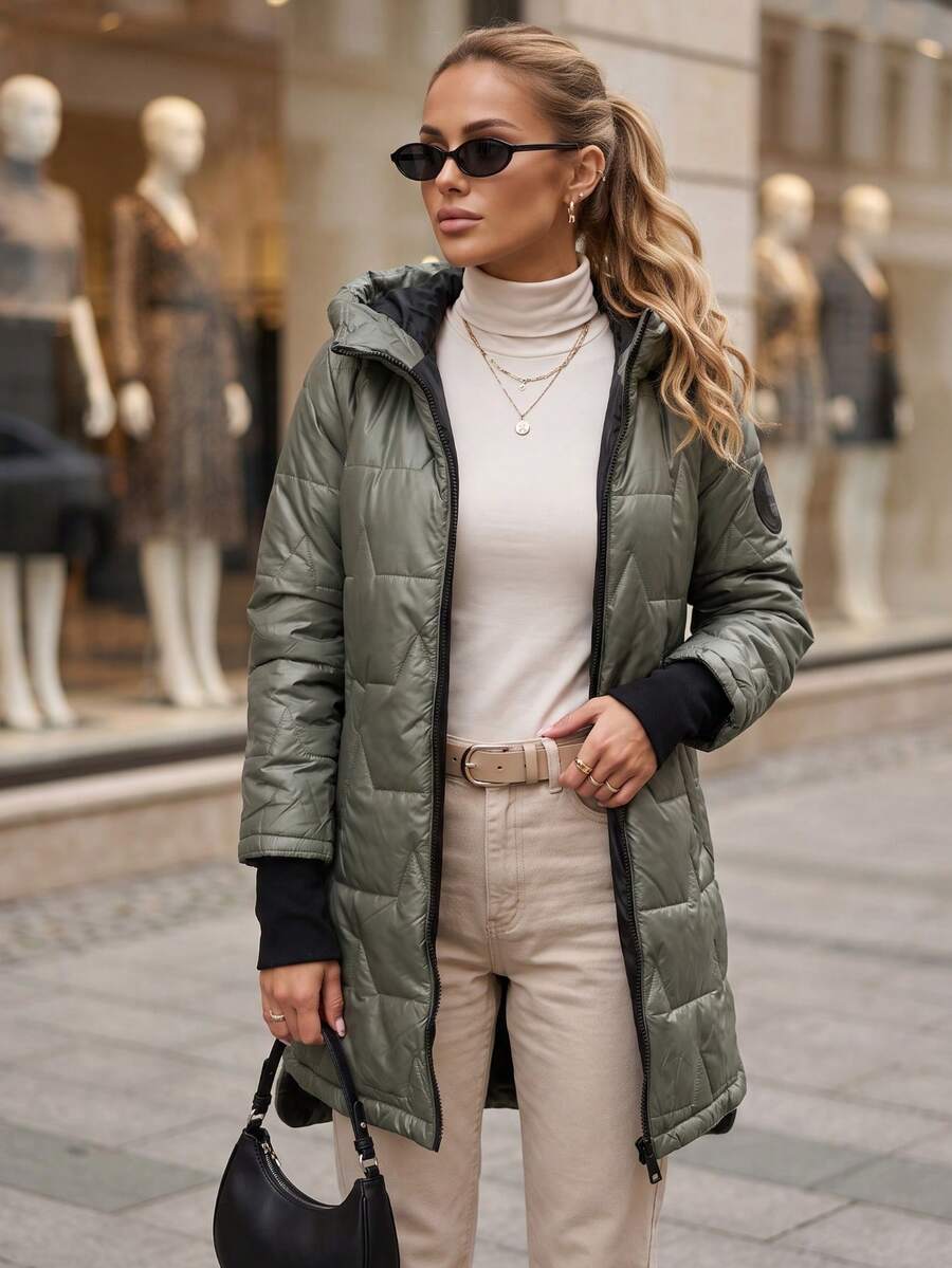 Women's Long Quilted Hooded Jacket With Zip Front And Two Side Pockets - Green - View 1