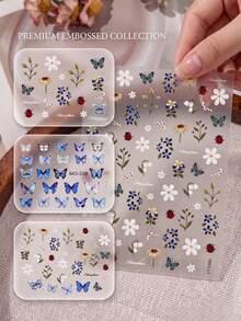 2 Styles Fresh Mori Style Blue Tone Butterfly & Small Flower Decorative Stickers, Holographic Butterfly, Sunflower, Wild Floral & Ladybug Patterns, Suitable For Camera, Phone Case, Earphone Cover, Perfume Bottle, Ceramic Cup And Other Surfaces, Creating Natural Artistic Visual Texture - Decorative Stickers - View 4