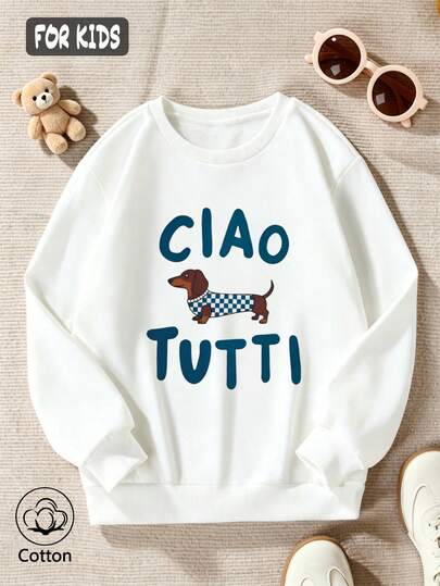 Cotton Girls Crewneck Pullover Sweatshirt, Autumn Winter Loose Fit With Cartoon Dachshund Print, Cute Sweet Girly Preppy Style
