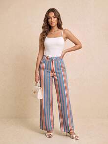 Multi-Color Vertical Striped Decor Denim Straight Leg Pants Women's High Street Style Casual Daily Long Bottoms - Multicolor - View 1