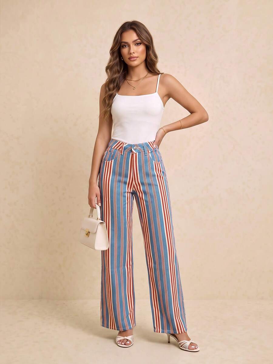 Multi-Color Vertical Striped Decor Denim Straight Leg Pants Women's High Street Style Casual Daily Long Bottoms - Multicolor - View 1