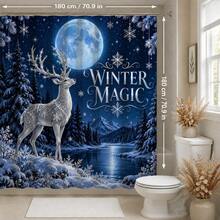Set Dekorasi Kamar Mandi Multifungsi Moon Night Motif Rusa Perak 1pc/4pcs, Tirai Shower dengan 12 Kait Gratis, Keset Lantai Bentuk U dan Penutup Dudukan Toilet Bulat Premium untuk Suasana Liburan, Cocok untuk Semua Dekorasi Ruangan - Rusa Perak di Bawah Cahaya Bulan - View 10