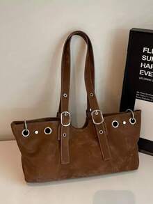 Tas Selempang Suede Kapasitas Besar Musim Gugur/Dingin Vintage, Tas Tote Minimalis, Tas Bahu Serbaguna untuk Bepergian - Coklat - View 2
