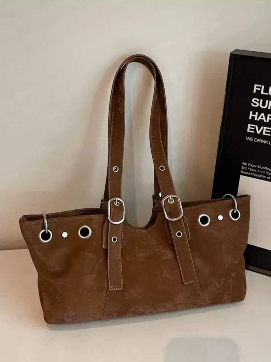 Tas Selempang Suede Kapasitas Besar Musim Gugur/Dingin Vintage, Tas Tote Minimalis, Tas Bahu Serbaguna untuk Bepergian