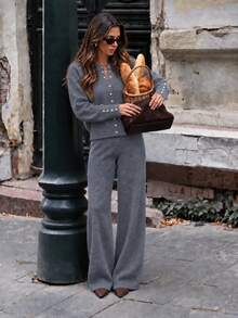 2pcs/Knitwear Set; Sweater & Pants Set With Button Details; Lounge Sets; 26 Fall/Winter New - Grey - View 2
