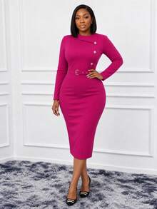 NOU Women's Mid-Length Basic Fitted Long Sleeve Dress With Contrast Panel, Round Neck, Side Chest Button Decor, Belt, Waist-Cinching Bodycon Pencil Skirt - Hot Pink - View 4