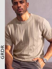 GRDR Men's Thin Summer Knit Sweater, Solid Color Ribbed Short Sleeve, Sporty Casual, Suitable For Outdoor Sports - Apricot - View 3