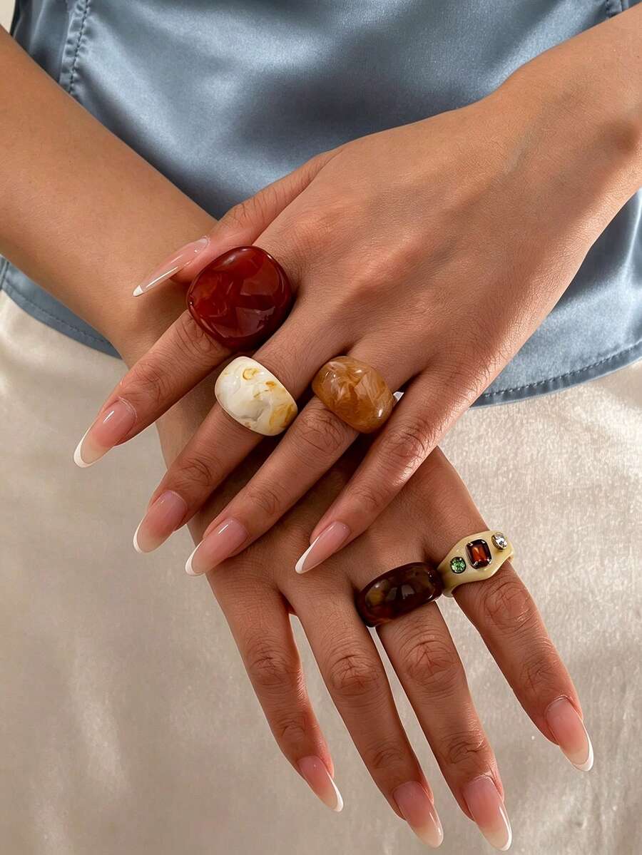 5pcs/Set Vintage Tie Dye Resin Wide Band Ring Set Amber Texture Niche Design Stackable Index Finger Rings Elegant - Multicolor - View 1