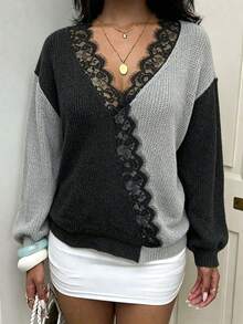 Plus Size Casual Fashion Contrast Color Lace Patchwork V-Neck Long Sleeve Knit Pullover Sweater - Dark Gray - View 1