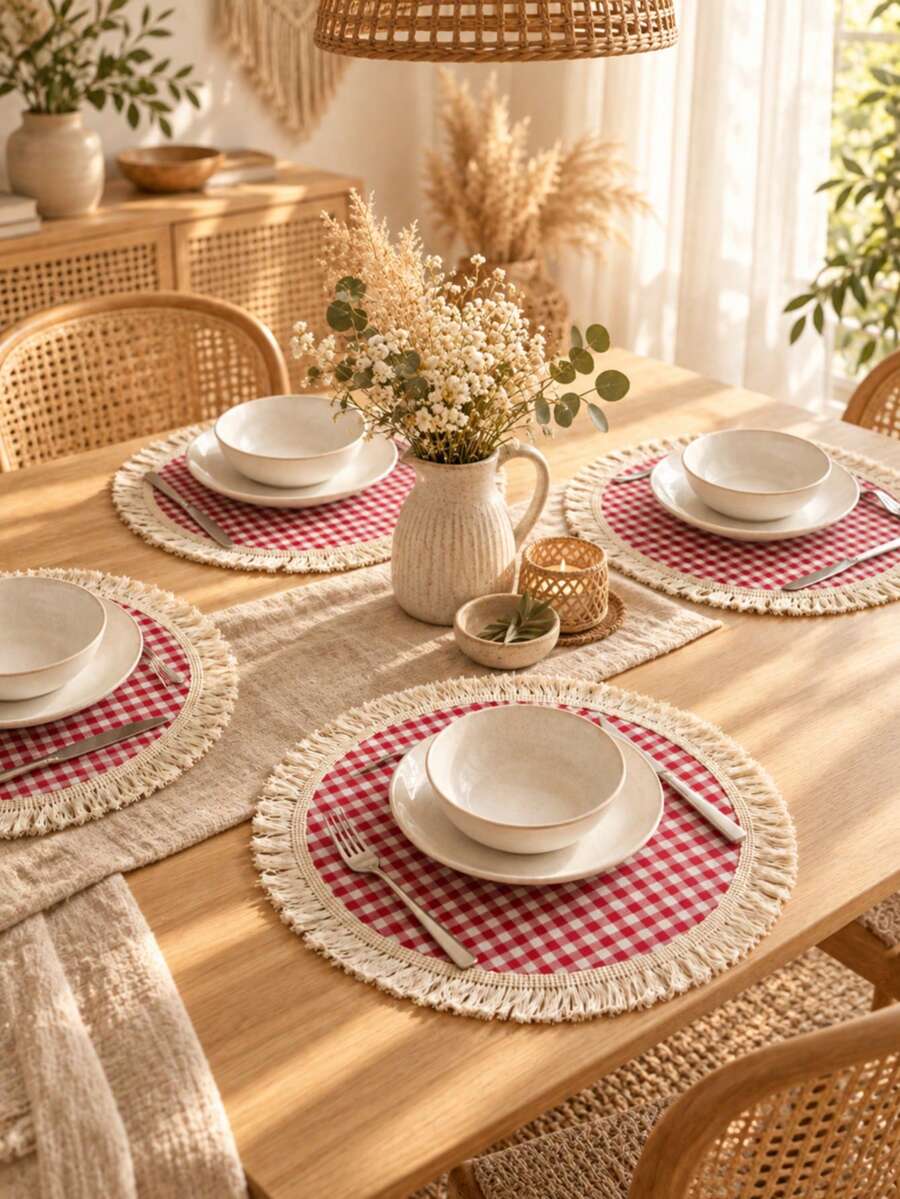 4pcs Round Tassel Placemats, Bohemian Style Heat-Resistant Non-Slip Table Mats, Home Restaurant Wedding Party Tabletop Decor - Red - View 1