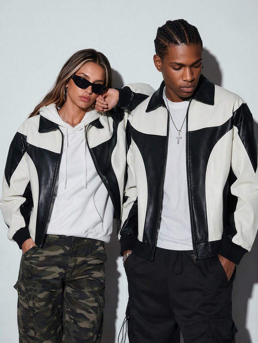 Modcrash Men Two Tone Zip Up PU Leather Jacket Fall/Autumn/Winter - Black and White - View 1