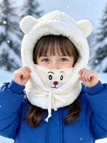 1pc Baby Cartoon Bear Ear Fleece Knitted Hat With Mask, Warm Headwear, Thickened Ear Protection Skull Cap, Neck Warmer - Multicolor - View 4