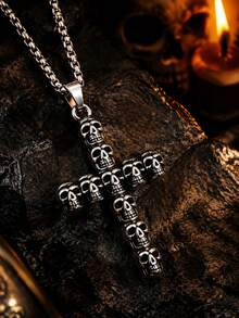 1Pc Gothic Black Cross Skull Pendant Necklace, Antique Silver Punk Jewelry For Men Women Daily Party Halloween Gift - Skull Cross Necklace - View 3