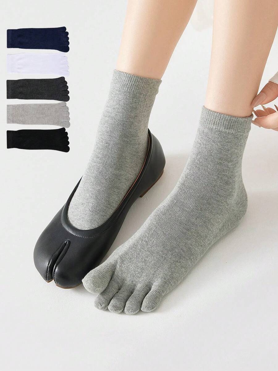 chuanwa（2） Women Solid Color Five Toe Socks Breathable Sweat Wicking Mid Crew Toe Separated Socks Casual Five Finger Socks Suitable Multi Colors Available ﻿