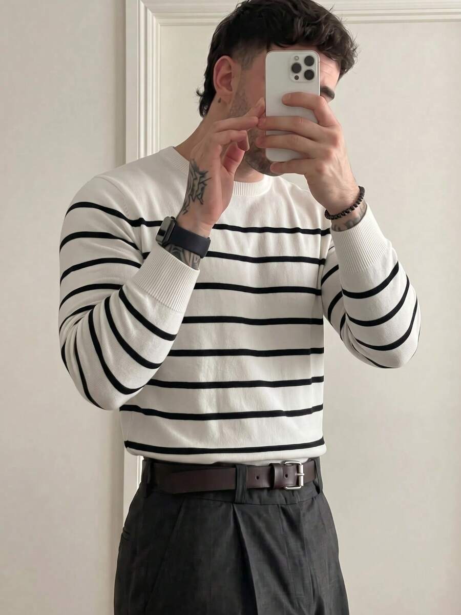 Men's Spring Autumn Fashion Minimalist Black Striped Crew Neck Long Sleeve Sweater - White - View 1