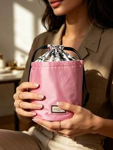 Lavender Purple Satin Drawstring Bucket Cosmetic Bag Floral Inner Lining Portable Travel Storage Pouch Gift For Women Gucci Beauty Lavender‑Purple Satin Floral‑Lined Drawstring Bucket Makeup Pouch - Purple - View 3