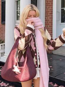 Fall/Winter Argyle Pattern Lace Patchwork Cardigan Going Out Business Fashion Knit Sweater Top - Pink - View 4