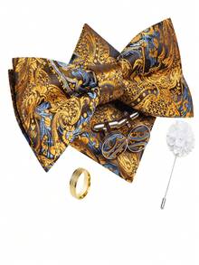 5Pcs Men Formal Bow Tie Set, Yellow Tropical Plant Jacquard Pattern Pocket Square Cufflinks Ring Boutonniere, Cufflinks Pattern Random - Yellow - View 1
