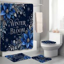 1件/4件組 藍色一品紅冬季花卉圖案多功能浴室裝飾浴簾套裝，附贈12個掛鉤，高級節日氛圍，浴室地墊、U型地板墊與圓形馬桶蓋套，適用於各種場合裝飾，浴室套裝 - 藍一品紅冬花 - 查看 9