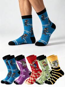 1/3/5 Pairs Men's Cartoon Animal Mid-Calf Socks, Novelty & Fun - Multicolor - View 1